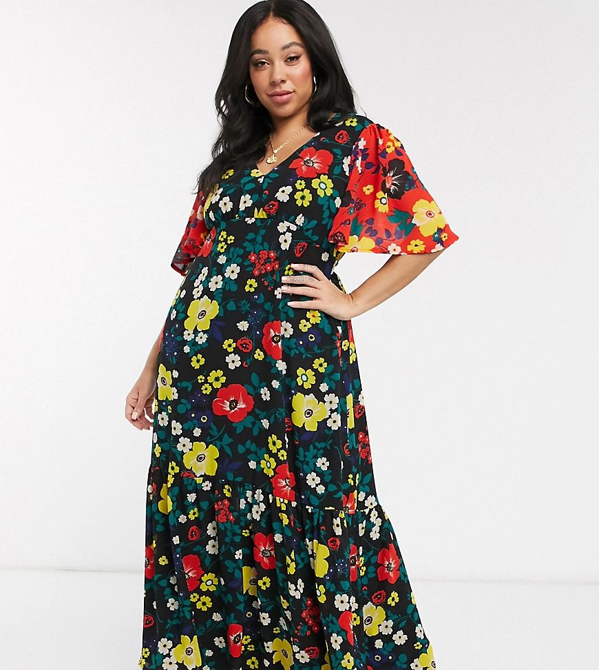 Twisted Wunder Plus printed maxi tea dress in multi floral with contrast sleeves | ASOS (Global)