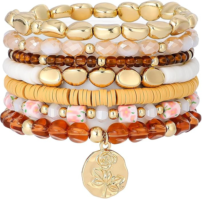 GOOJIDS Surfer Heishi Clay Bead Bracelets for Women Bohemian Stackable Gold Plated Beaded Stretch... | Amazon (US)