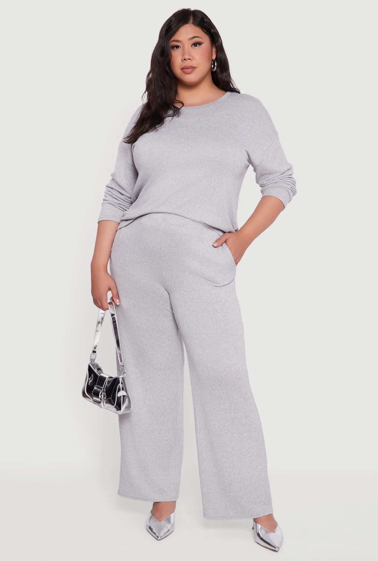 Plus Size High Waisted Brushed Knit Wide Leg Pants | Rainbow Shops