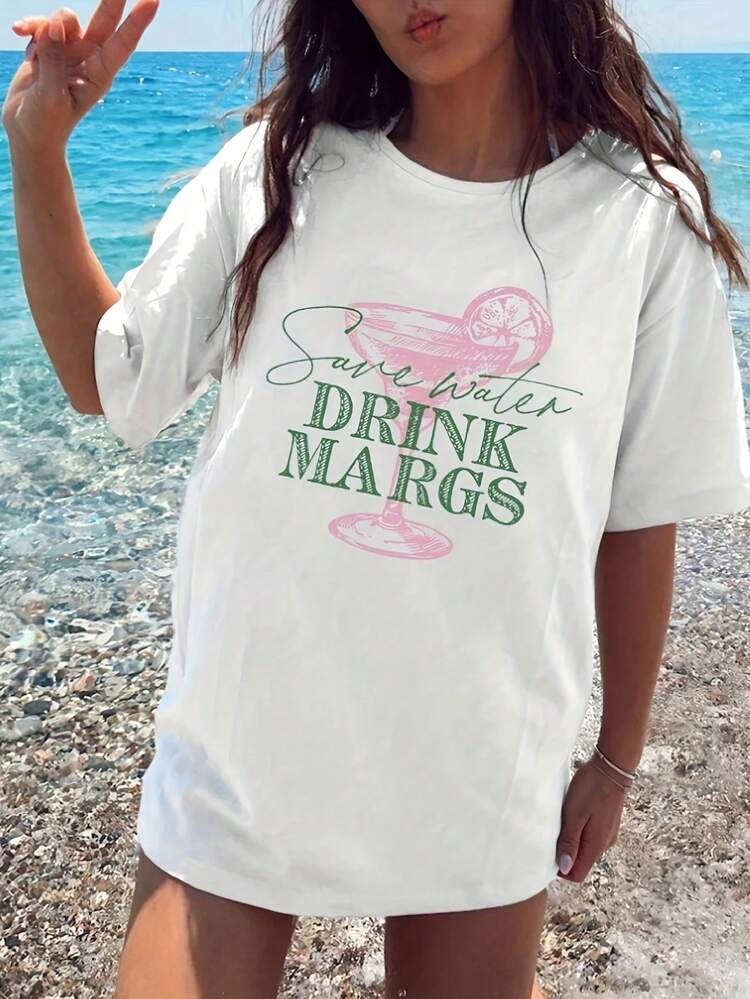 Women's & Unisex Soft Breathable Margarita T-Shirt - White With Green "Drink Margaritas" Lettering & Pink Cocktail Print, Relaxed Fit Short Sleeve Crew Neck Casual Summer Beach Party Outfit, Machine Washable Mexican Drink Theme | SHEIN