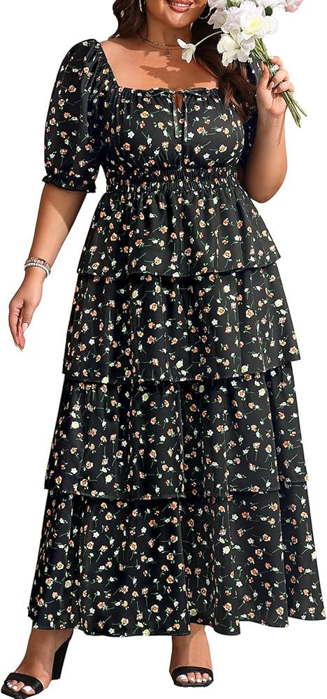 Plus Size Summer Dresses 2026 - Floral Milkmaid Puff Sleeve Casual Ruffle Tiered Maxi Long Sundre... | Amazon (US)