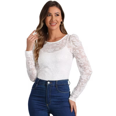 INSPIRE CHIC Women's Vintage Semi-Sheer Puff Long Sleeve Embroidery Lace Floral Blouse White Floral Small | Target