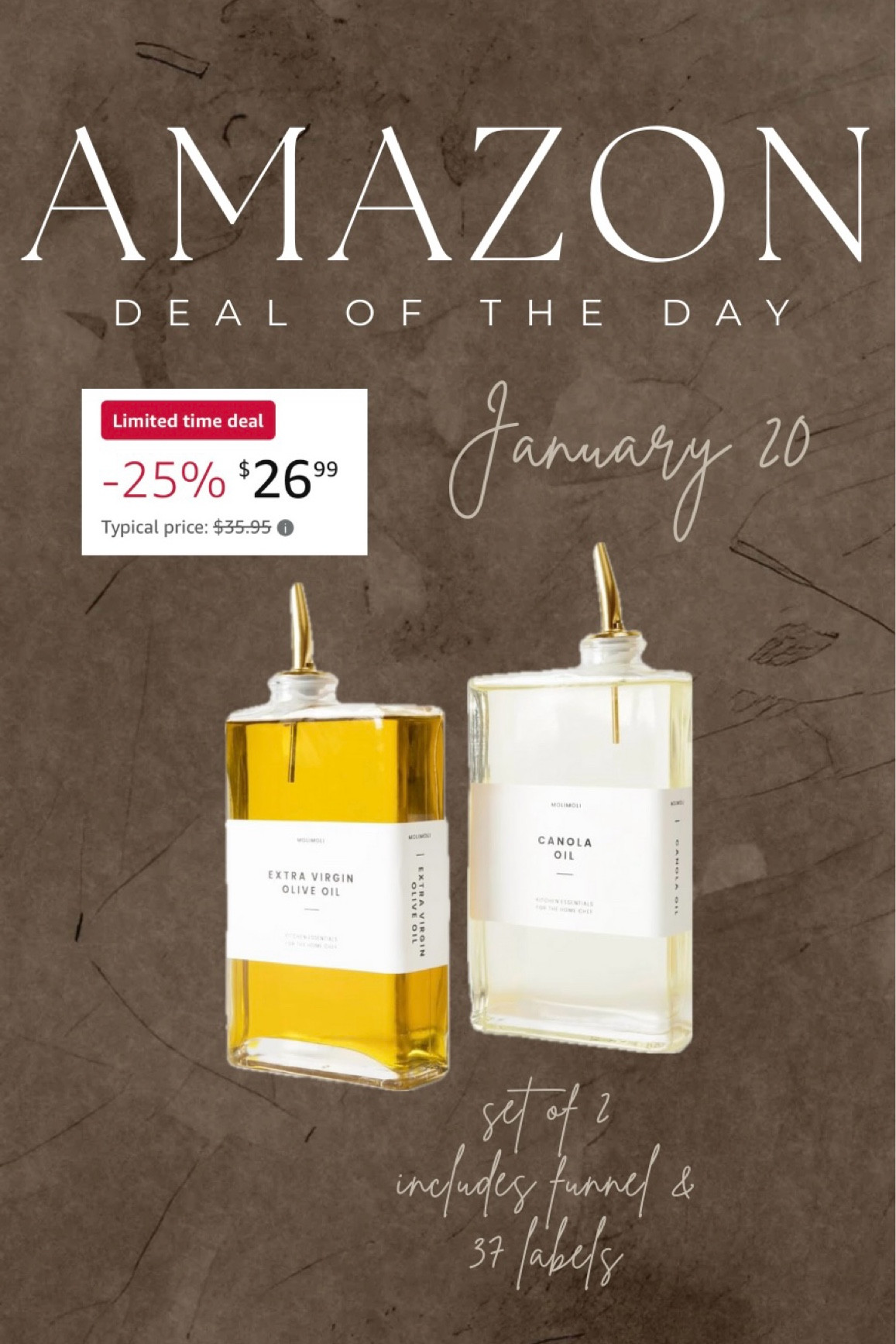 Deal of the Day- Oil Dispenser Set of 2, includes funnel and 37 labels

#LTKHome #LTKSaleAlert #LTKGiftGuide