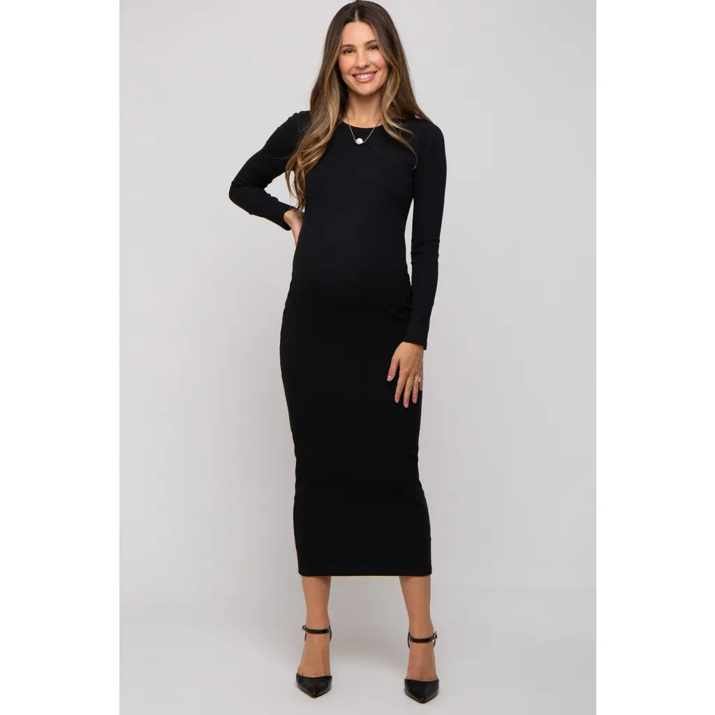 PinkBlush Ribbed Fitted Long Sleeve Midi Dress in Black at Nordstrom, Size Medium | Nordstrom