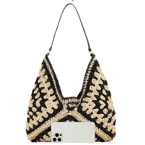 Straw Hobo Bag for Women 2025 Boho Woven Beach Purse Large Summer Straw Tote with Lining Black Raffia Shoulder Bag for Vacation Travel & Daily Use(black1 with black strap) | Amazon (US)