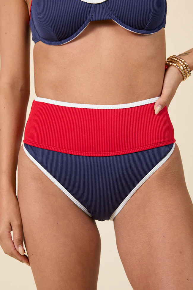 Patriotic Paradise Red, White, and Navy Ribbed Colorblock Bikini Botto | Pink Lily