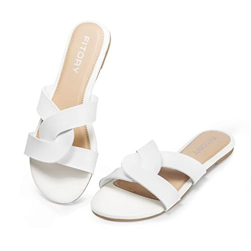FITORY Womens Flat Sandals Fashion Slides With Soft Leather Crisscross Style Slippers for Summer White Size 9 | Amazon (US)
