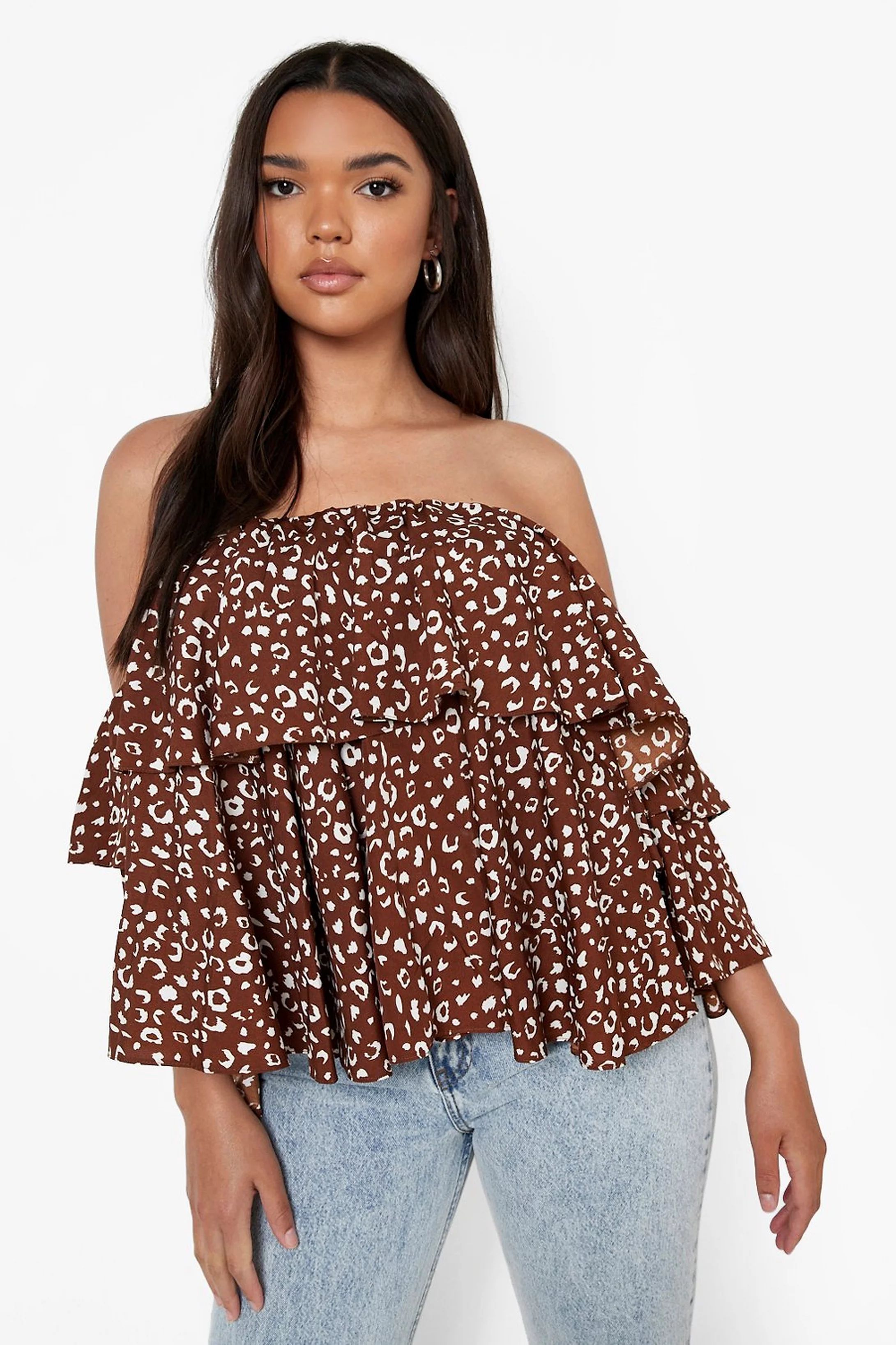 Plus Leopard Off The Shoulder Ruffle Top | Boohoo.com (US & CA)