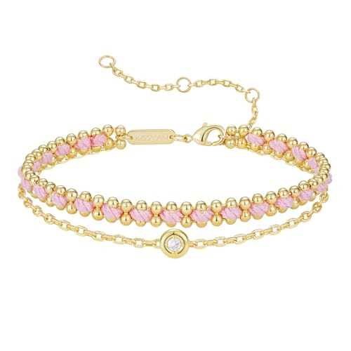 KissYan Gold Bracelet for Women, Layered Sports Stack Bracelet, 14K Gold Plated Link Bracelet, Athletic Handmade Valentine's Day Gift (Pink) | Amazon (US)