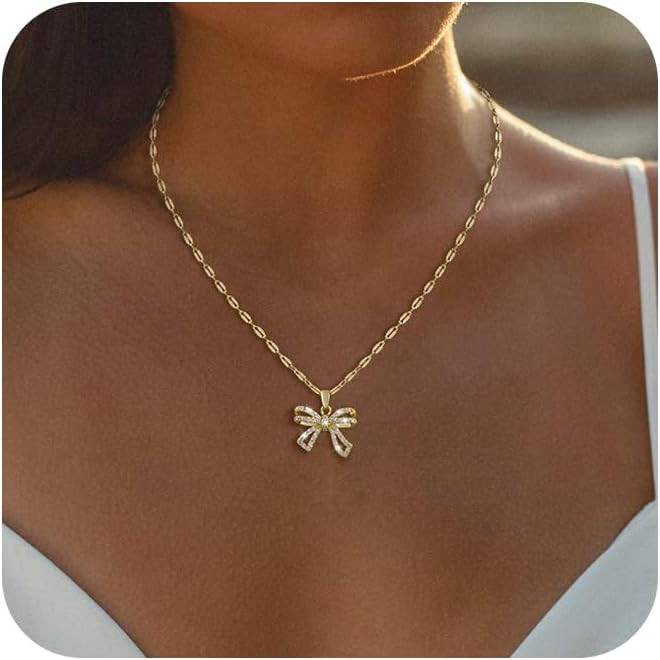 Gold/Silver Necklace For Women,Bow Necklace 14K Gold/Sterling Silver Plated Layered Cute Small Bo... | Amazon (US)