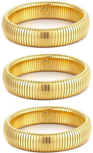 JUNYANGY Gold Bangles for Women Set of 3 Chunky Stretch Bangles Bracelets 24K Gold Plated Stainless Steel Bracelets Flexible Wide Stack Bracelets Designer Look Alike Jewelry for Women (12mm Gold) | Amazon (US)