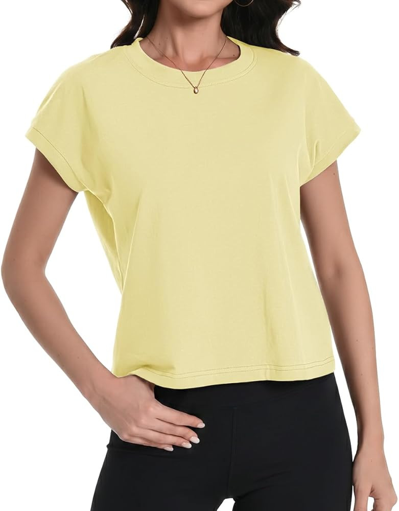 Auriviz Women Cotton Cap Sleeve Boxy Crop Tops Summer Workout Casual Shirts | Amazon (US)