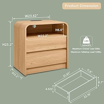25" Tall Modern Nightstand with Charging Station, 23.6'' Wide Wood Bedside Table w/2 Storage Draw... | Amazon (US)