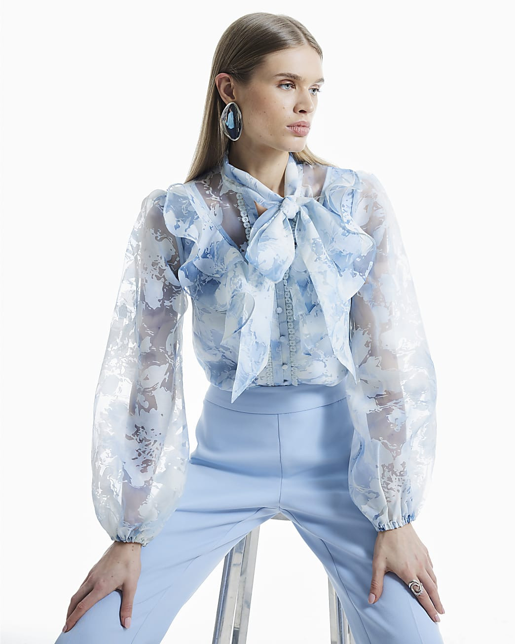 Blue Floral Print Tie Neck Shirt | River Island UK & IE