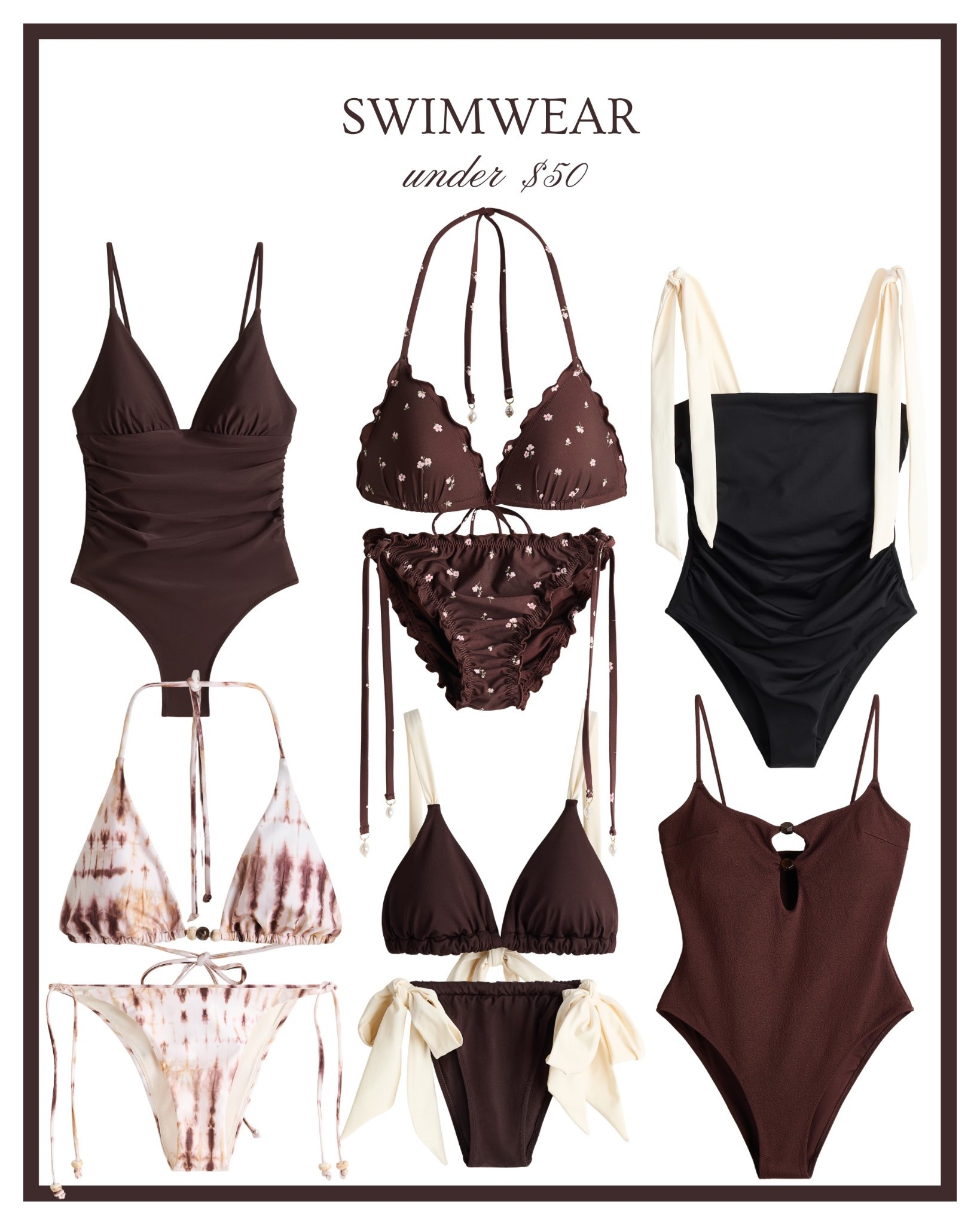 Chocolate brown swimwear & black swimwear 🤎🖤 Under $50! Neutral one piece bathing suit, neutral swimwear, neutral bikini 