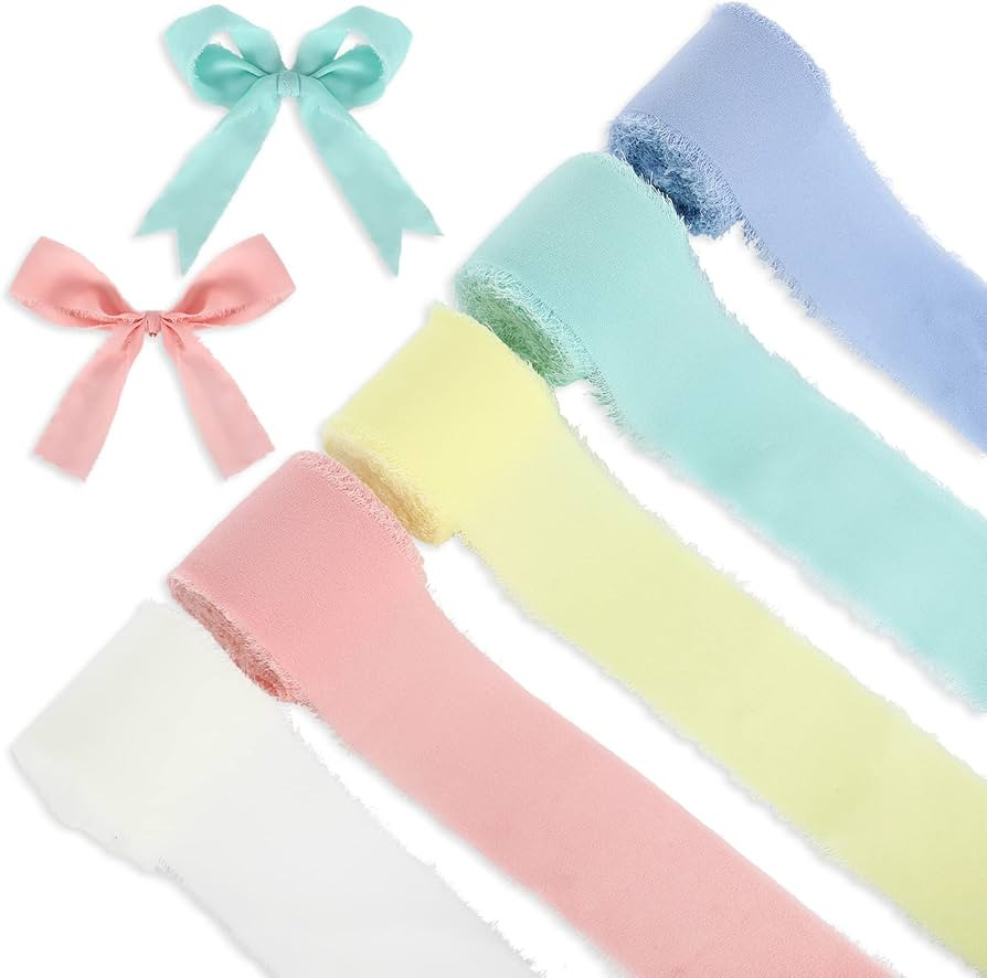 Whaline 5Rolls Handmade Fringe Chiffon Silk Ribbon Unique Smooth Soft Rustic Ragged Fringe Pink B... | Amazon (US)