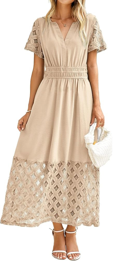 Simplee Womens 2025 Summer Boho Maxi Dress V Neck Empire Waist Long Flowy Dresses with Pockets | Amazon (US)
