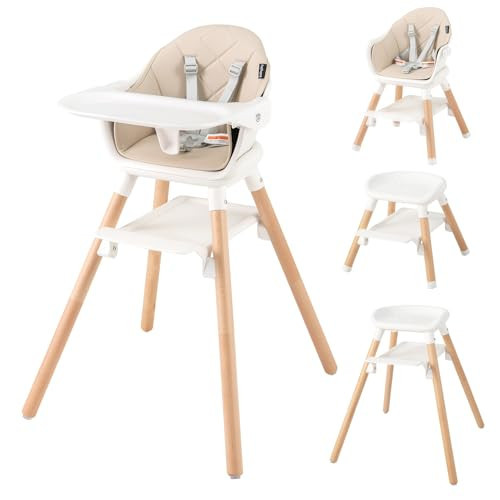 BABY JOY High Chair, 6 in 1 Convertible Wooden Highchair for Babies & Toddlers with Adjustable Legs, Double Removable Tray, Safety Harness & Waterproof PU Cushion (Beige) | Amazon (US)