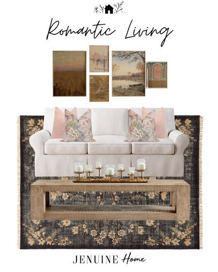 Romantic living room. Glam living room. White couch. Black rug. Wooden coffee table. Gold candle decor. Moody pink gallery wall art. Floral pillows. Pink throw pillow. Cozy living room  

#LTKSeasonal #LTKfamily #LTKhome