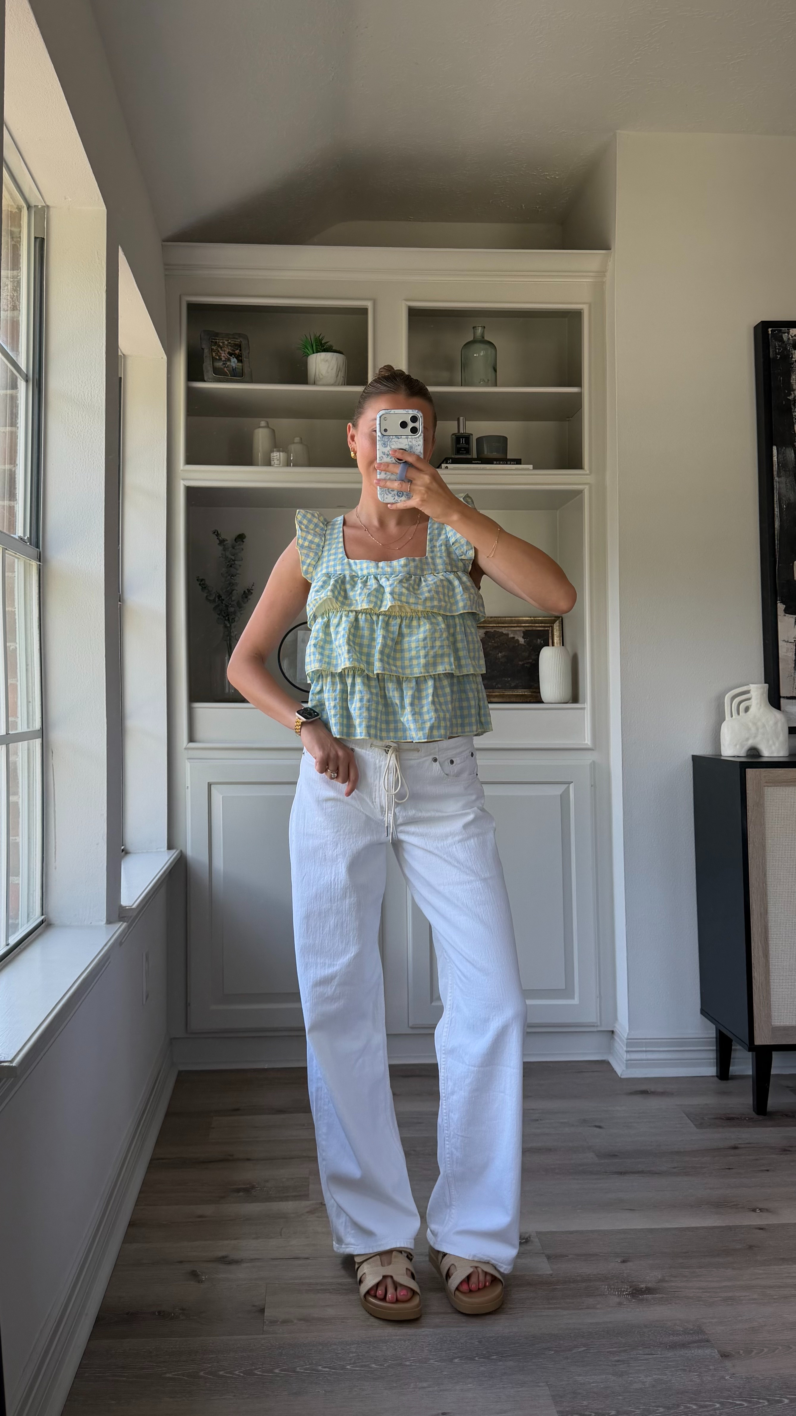 Cutie gingham top for summer! Wearing small in top, 27 in drawstring denim
 

 #LTKootd #LTKmomlife