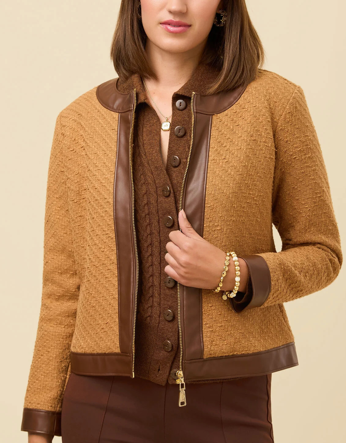 Blaine Tweed Jacket w/ Faux Leather Brown Sugar | Spartina 449