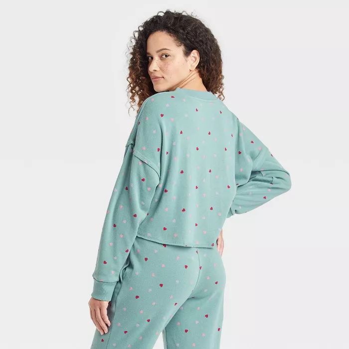 Women's Heart Print Fleece Cropped Lounge Sweatshirt - Colsie™ Blue | Target