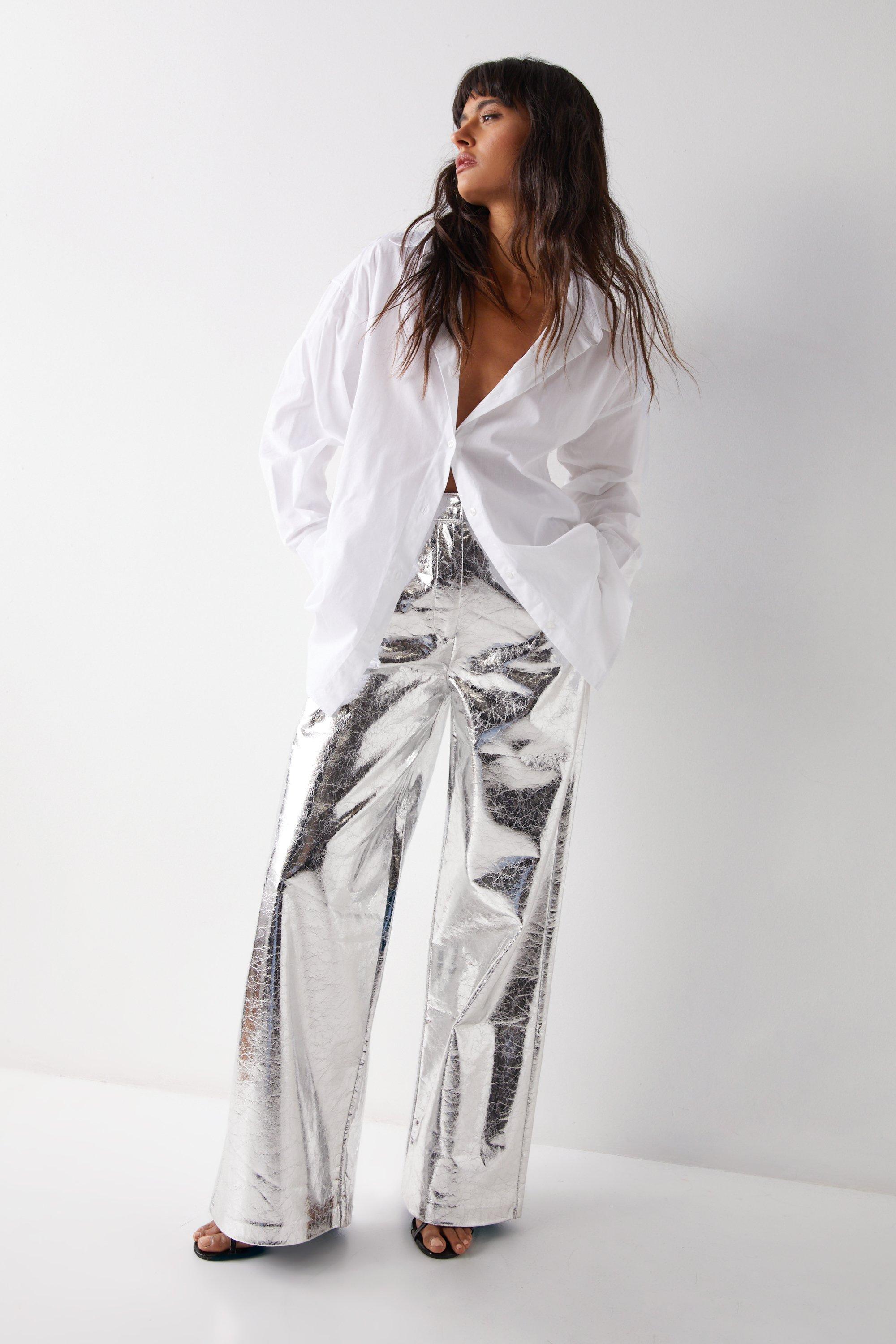 Metallic Crackle Faux Leather Wide Leg Trousers | Warehouse UK & IE