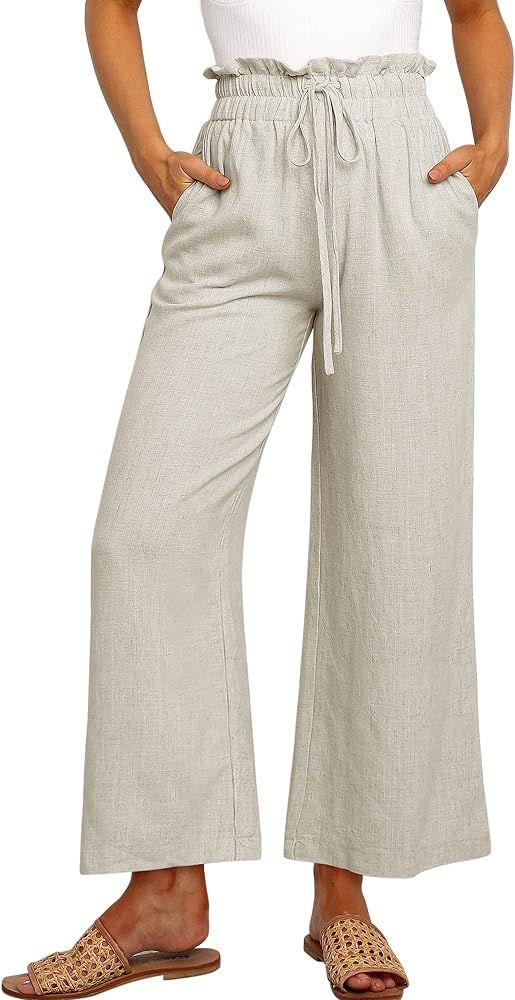 ANRABESS Women's Linen Pants Casual Loose High Waist Drawstring Wide Leg Capri Palazzo Lounge Pan... | Amazon (US)