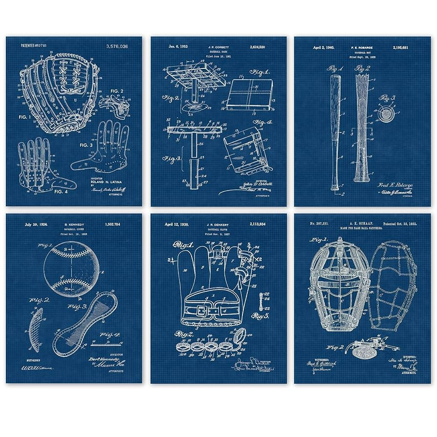 Vintage Baseball Patent Prints, 6 (8x10) Unframed Photos, Wall Art Decor Gift for Home Office Gea... | Amazon (US)