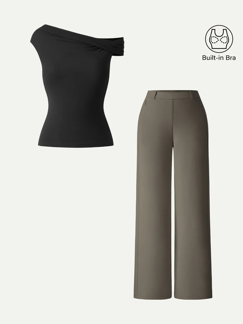 2Pcs Set Multi-wear Bra Top &  Slimming High Rise Wide Leg Pants | OGLmove