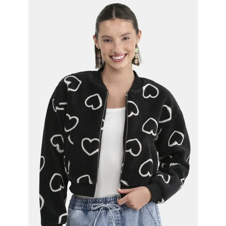 No Boundaries Plush Bomber Jacket, Heavyweight, Women's | Walmart (US)