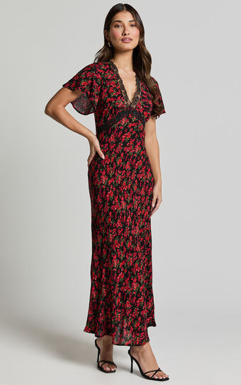 Vanya Midi Dress - V Neck Short Sleeve Lace Trim Tie Back Slip Dress in Black Floral | Showpo (US, UK & Europe)