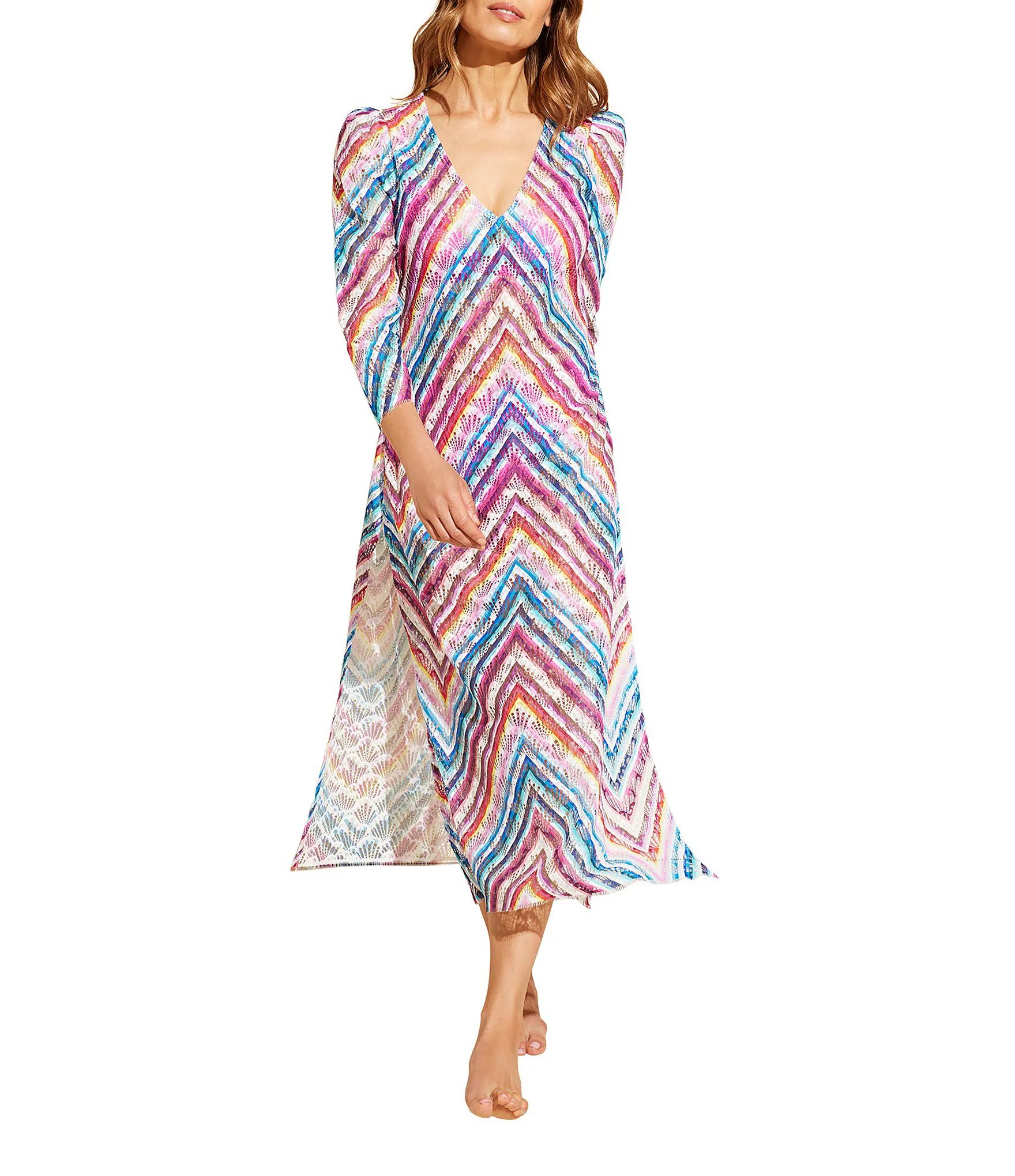 AQUALACE™ Rainbow Chevron Stripe Lace Puff Sleeve Belted Caftan Swim Cover-Up Dress | Dillard's