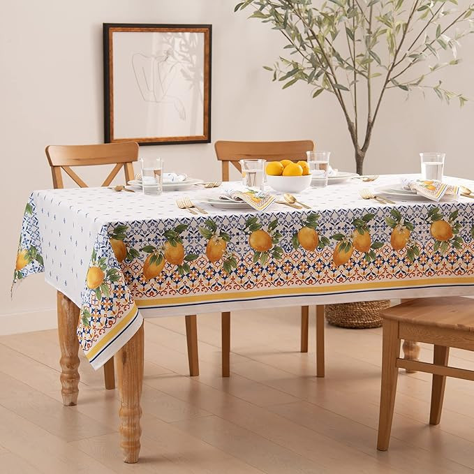 Elrene Home Fashions Capri Lemon Double-Bordered Mediterranean Spring/Summer Fabric Tablecloth, R... | Amazon (US)