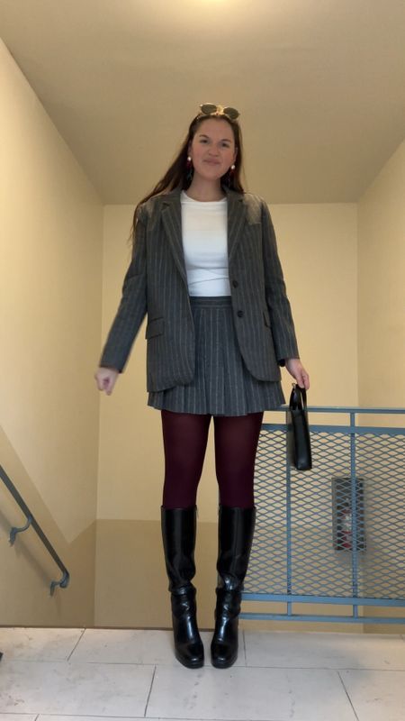 grey pinstripe skirt and blazer matching set, fall / winter, maroon / red Pure Matte 50 Semisheer Tights, amazon, asos New Look long sleeve lettuce edge T-shirt in white, Marni Museo Nano leather tote bag, Farfetch, on sale now, designer handbag, crossbody, fall / winter, black and neutral, ASOS DESIGN Candice heeled platform knee boots in black, comfy shoes, gold jewelry, Amazon, rings

#LTKstyletip #LTKfindsunder50 #LTKfindsunder100