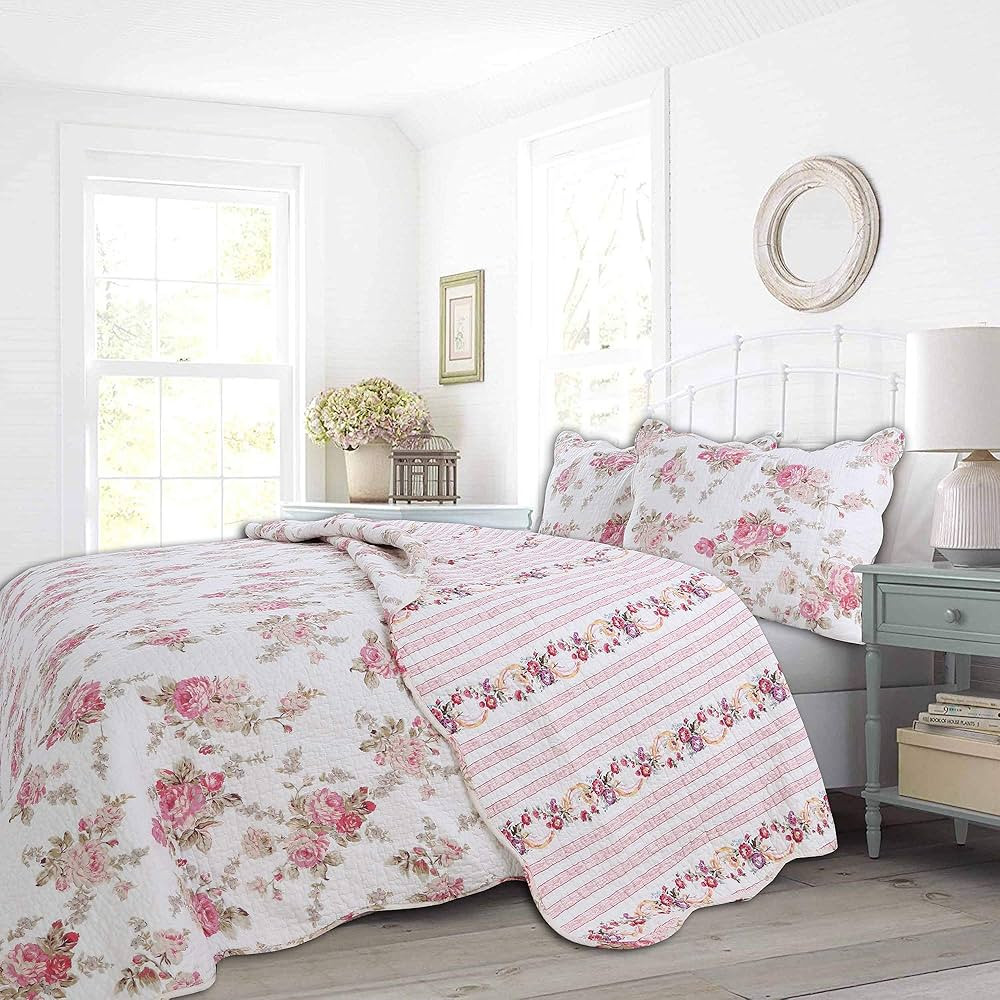 Cozy Line Home Fashions Romantic Pink Peony Floral 100% Cotton Reversible Quilt Bedding Set, Cove... | Amazon (US)