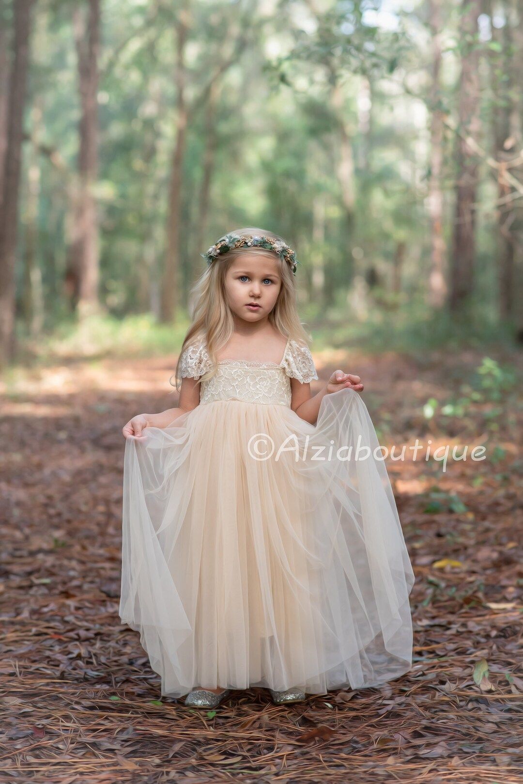 Lace Flower Girl Dress, Rustic Champagne Tulle Flower Girl Dress, Bohemian Lace Dress,  Birthday ... | Etsy (US)