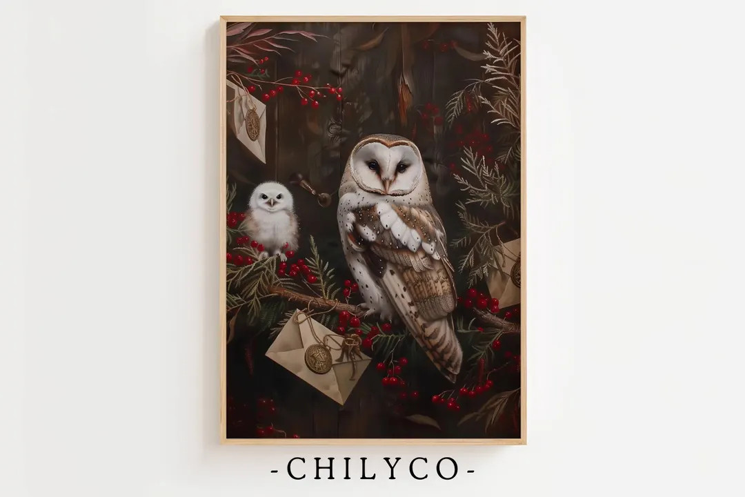 Vintage Owl Oil Painting | Wizard Inspired Owl Art | Magical Christmas Decor | Christmas Owl Art ... | Etsy (US)