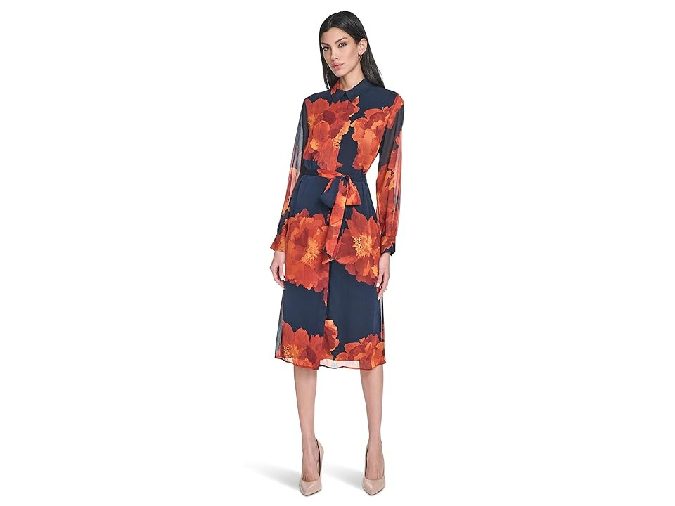 Calvin Klein Long Sleeve Floral Chiffon Midi with Self Tie Women's Dress Indigo : 10, Chiffon/Polyester | Zappos