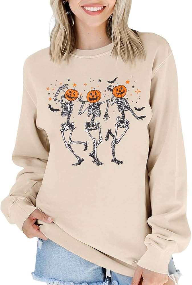 KEKEMI Women Dancing Skeleton Sweatshirts Long Sleeve Pumpkin Head Halloween Shirts Spooky Season... | Amazon (US)