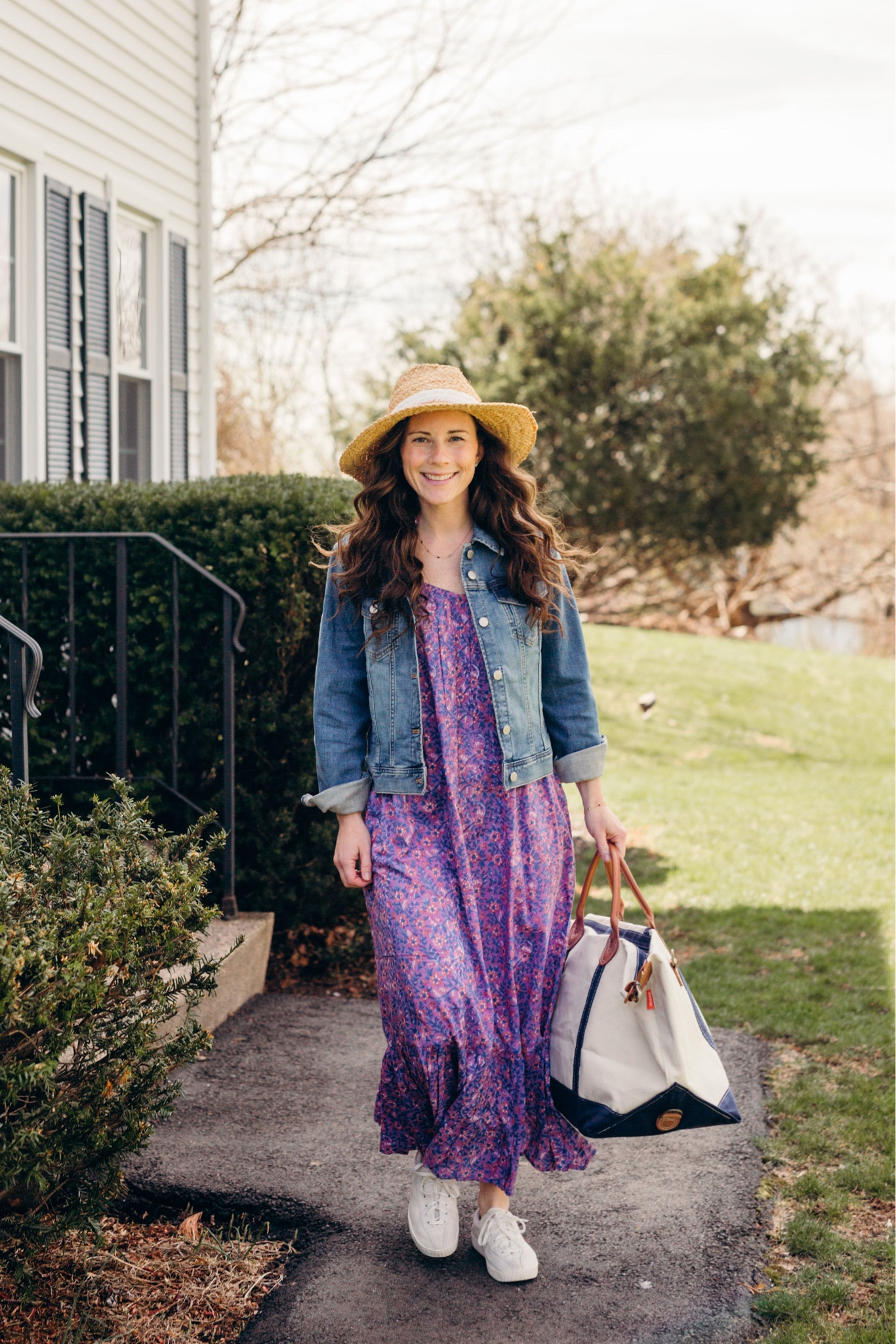 Summer Travel Outfit - Straw sun hat from Hat Attack, JCrew denim jacket, Emerson Fry purple summer maxi dress, white Tretorn sneakers, canvas monogrammed tote 

#LTKitbag #LTKtravel #LTKstyletip