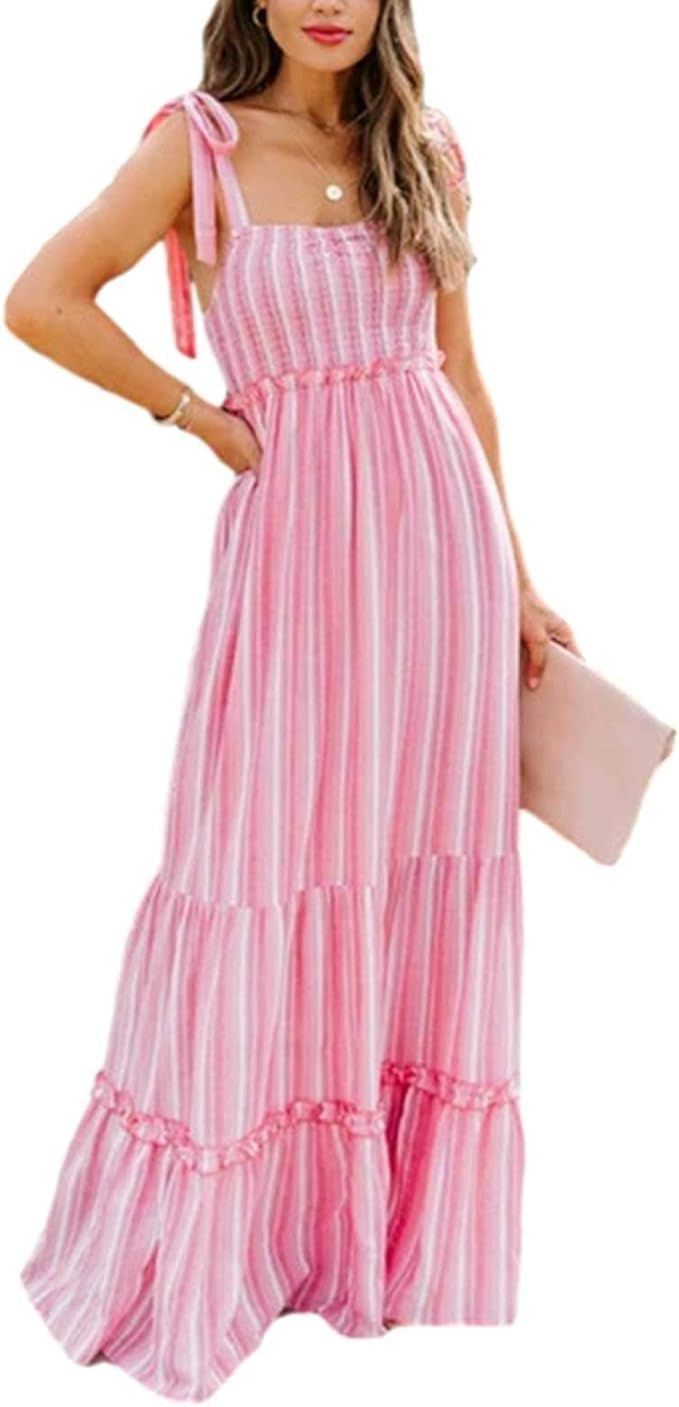 Women Sleeveless Maxi Dress Adults Summer Sexy Tie-up Striped Boat Neck One-Piece | Amazon (US)