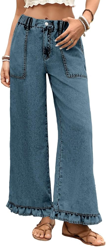 Astylish Wide Leg Jeans for Women Trendy Denim Jean Ruffle Hem Pants | Amazon (US)