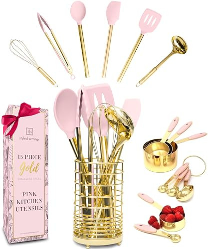 Pink Kitchen Set - 15 Piece Gold and Pink Kitchen Utensils Set Includes Pink Cooking Utensils and Gold and Pink Measuring Cups and Spoons Set - Perfect Pink Kitchen Accessories and Decor | Amazon (US)
