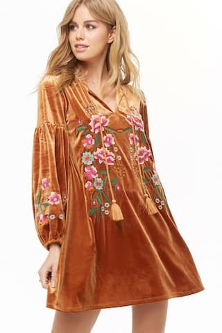 Embroidered Velvet Peasant Dress | Forever 21 (US)
