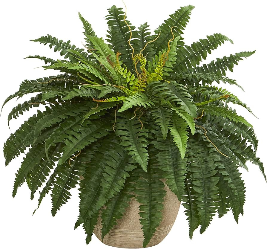 Nearly Natural 22" Boston Fern Artificial Plant In Sandstone Planter, Green | Amazon (US)
