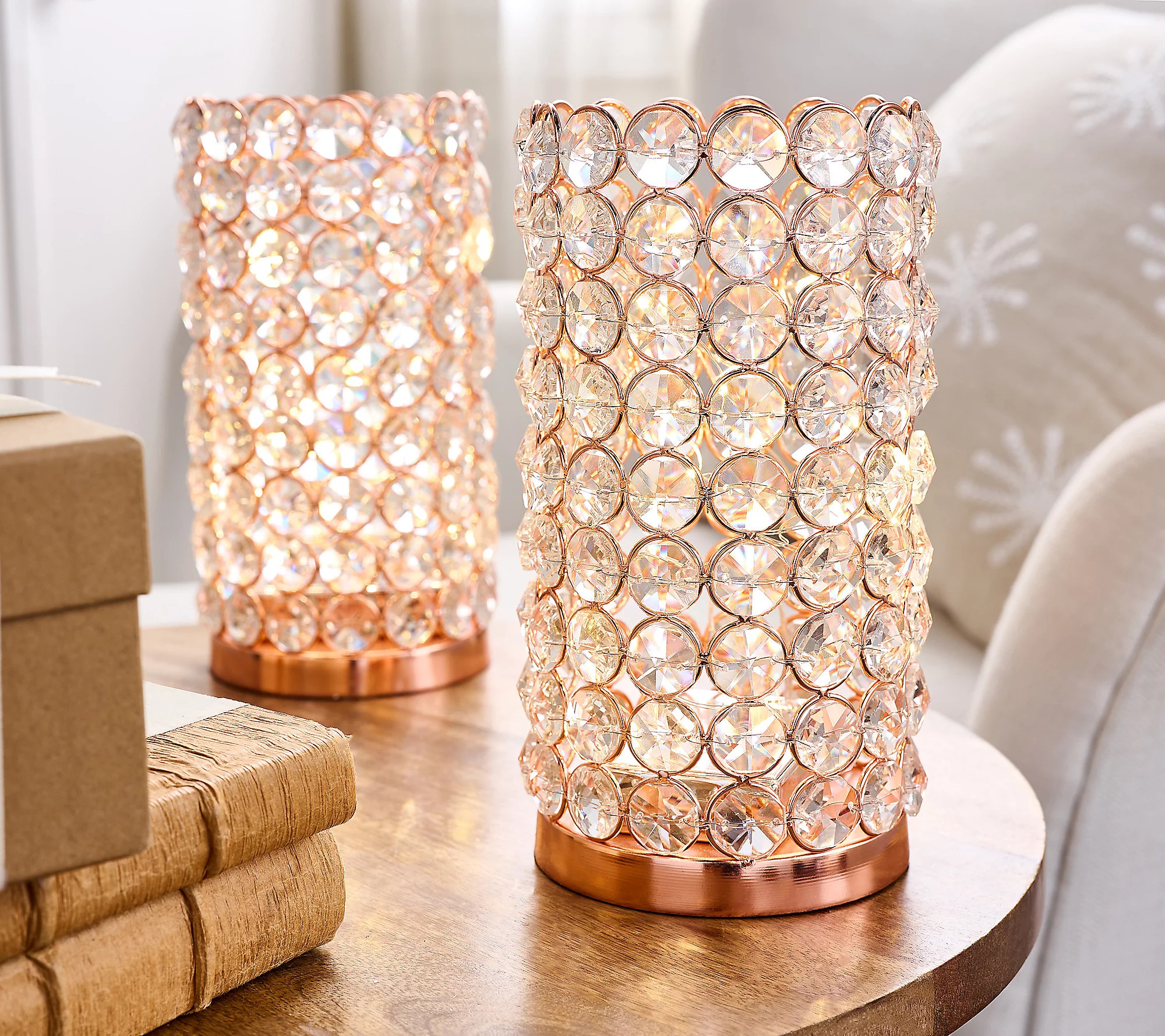Set of 2 8"" Illuminated Faceted Glass Hurricane by Valerie | QVC