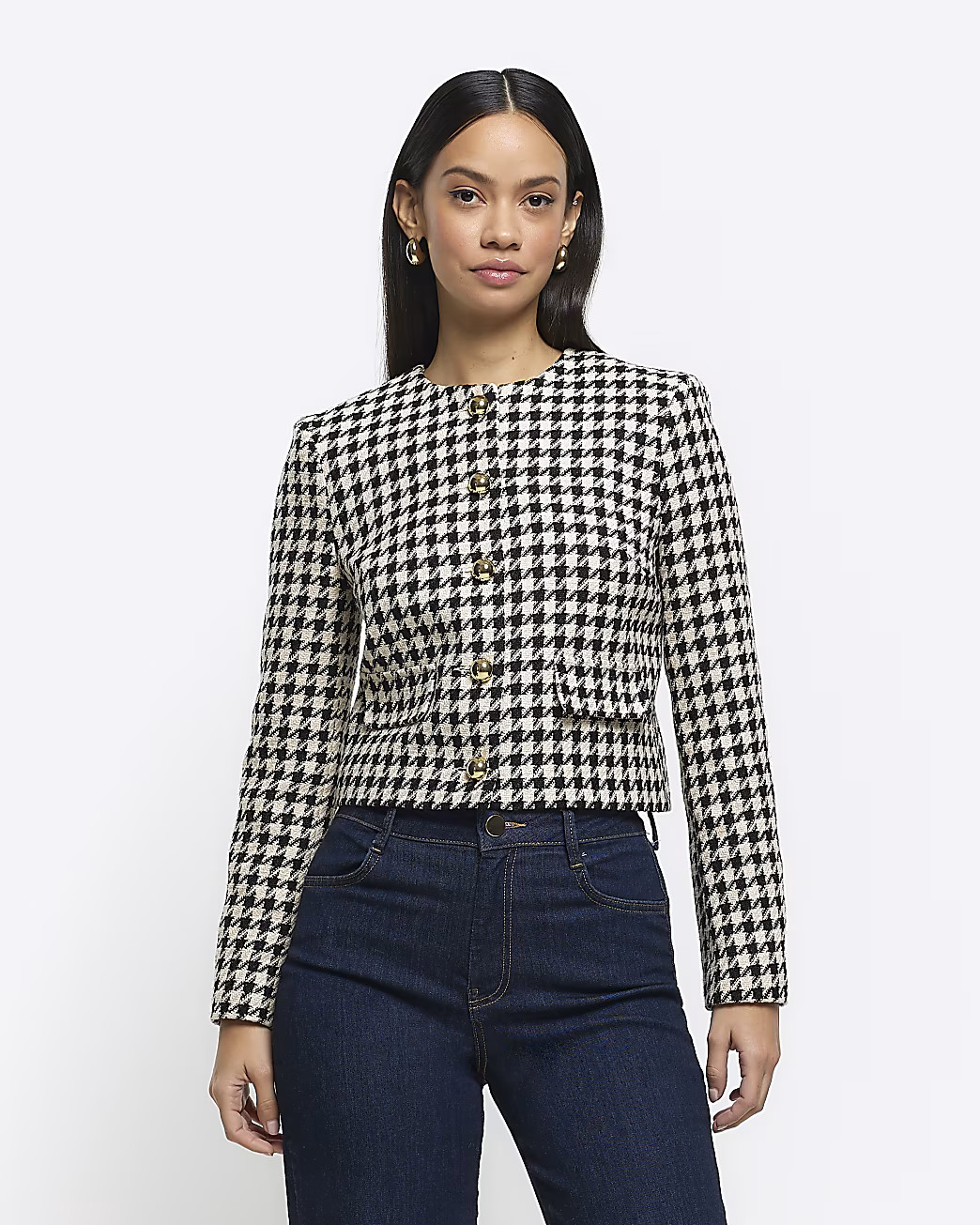 Cream Dogtooth Crop Trophy Jacket | River Island (UK & IE)
