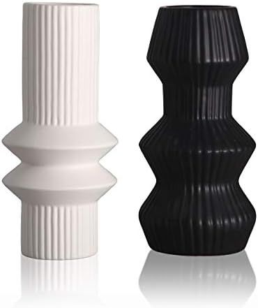 TERESA'S COLLECTIONS Ceramic Modern Vase for Home Decor, Black and White Cylinder Geometric Decorati | Amazon (US)