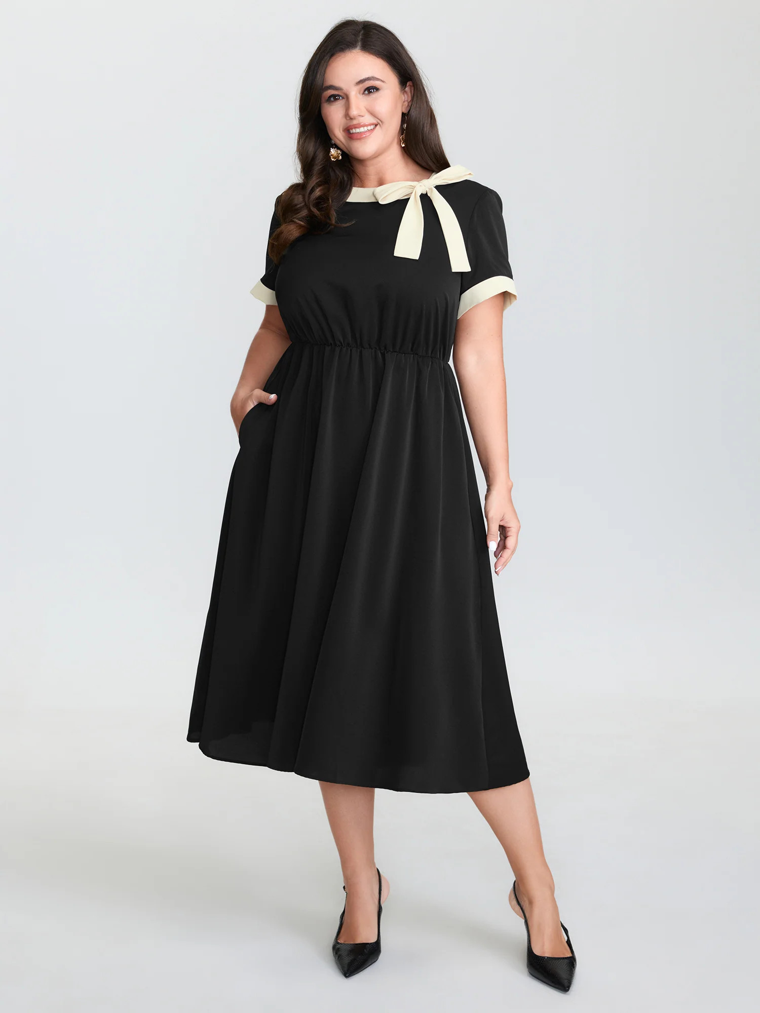 Bow Neckline Stretchy Waist Midi Dress | Bloomchic